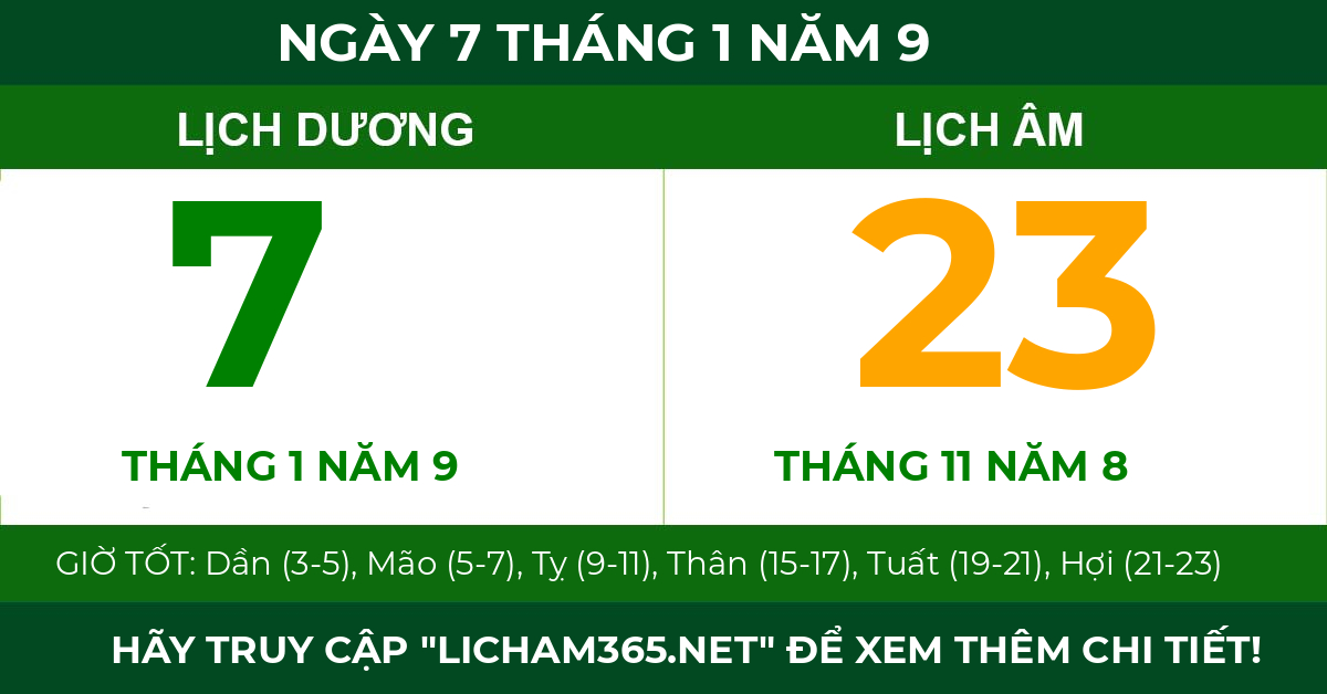 lịch âm ngày 7 tháng 1 năm 9