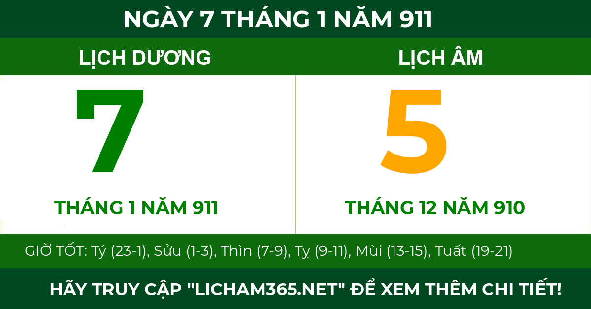lịch âm ngày 7 tháng 1 năm 911