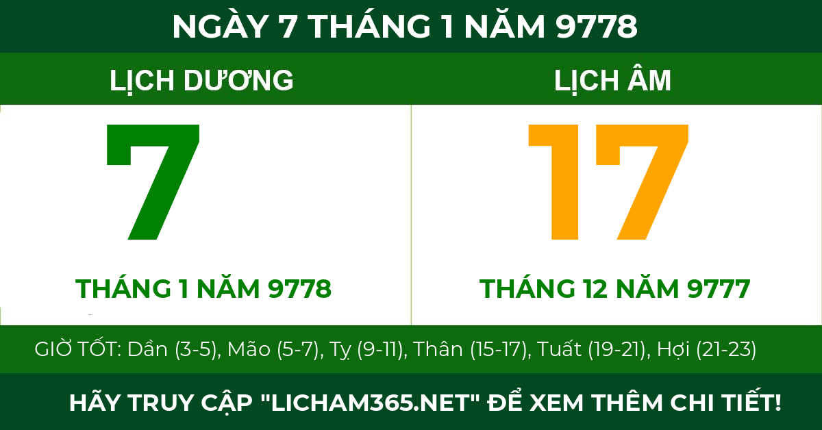 lịch âm ngày 7 tháng 1 năm 9778