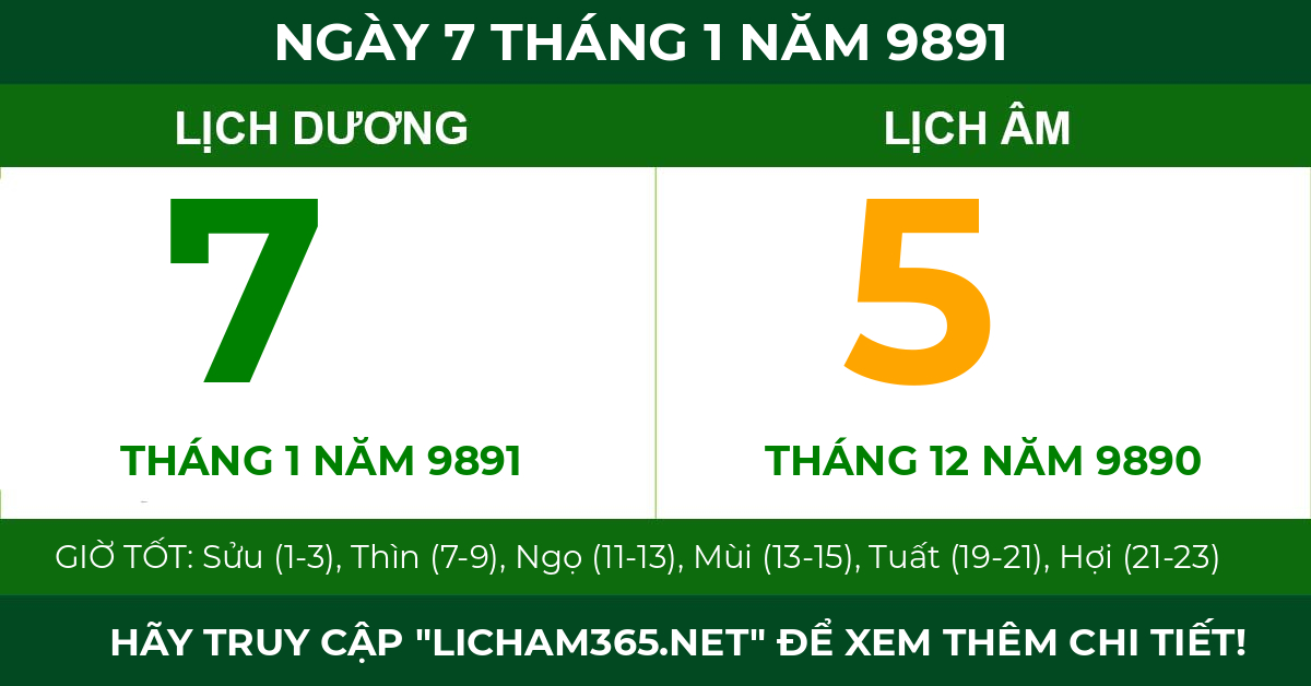 lịch âm ngày 7 tháng 1 năm 9891