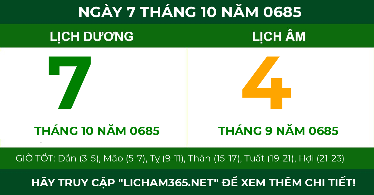 lịch âm ngày 7 tháng 10 năm 0685