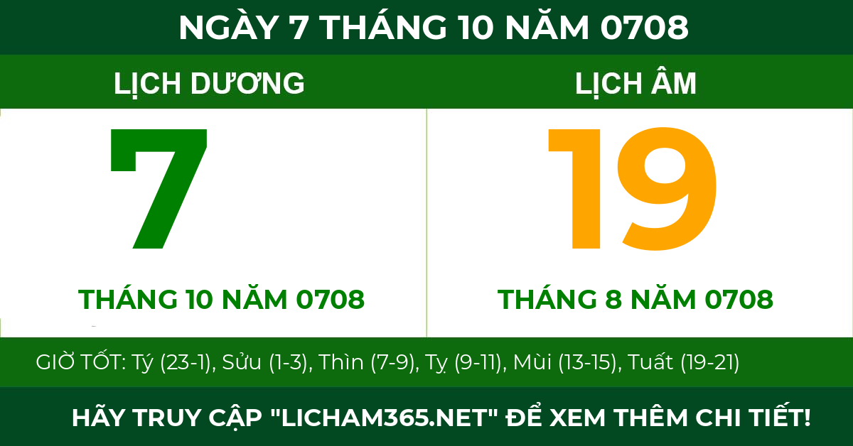 lịch âm ngày 7 tháng 10 năm 0708