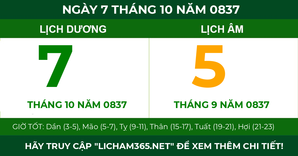 lịch âm ngày 7 tháng 10 năm 0837