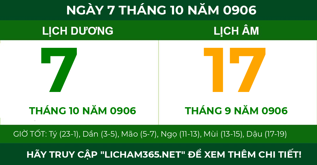 lịch âm ngày 7 tháng 10 năm 0906