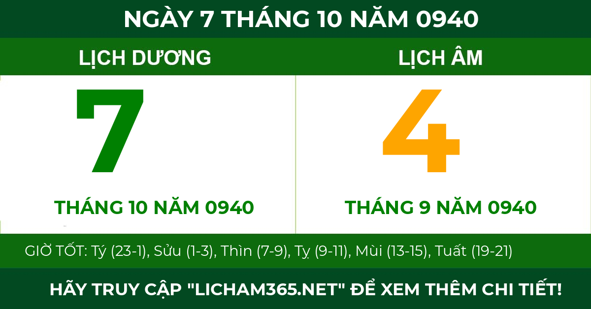 lịch âm ngày 7 tháng 10 năm 0940