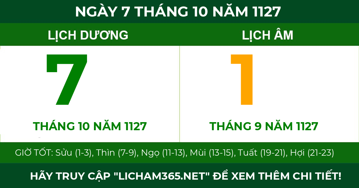 lịch âm ngày 7 tháng 10 năm 1127