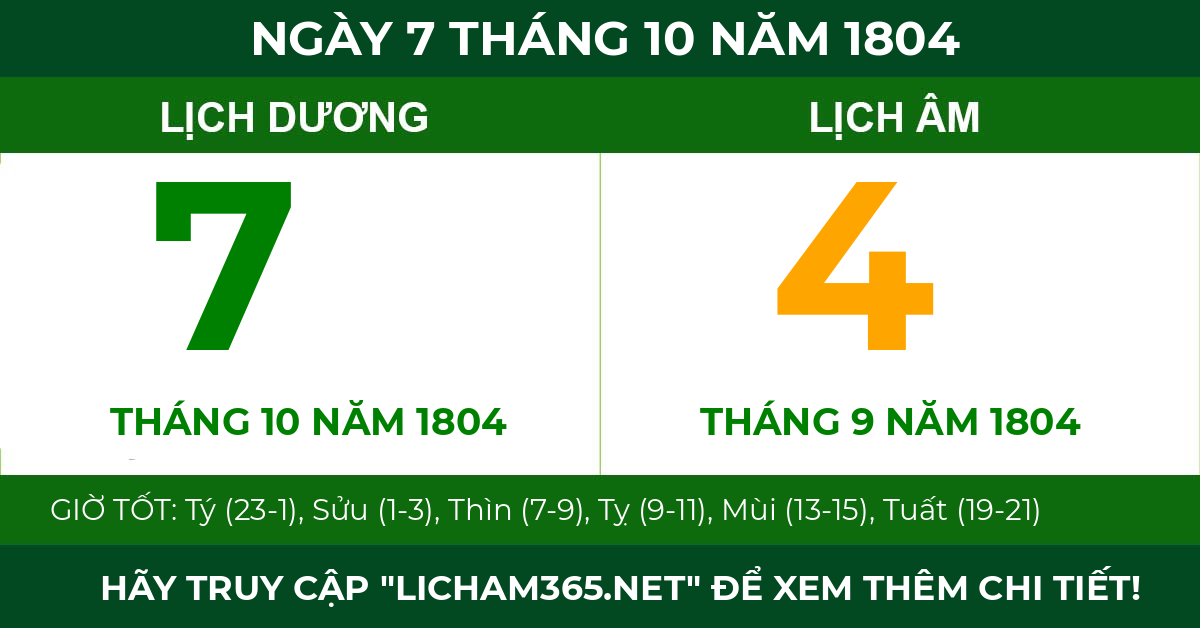 lịch âm ngày 7 tháng 10 năm 1804