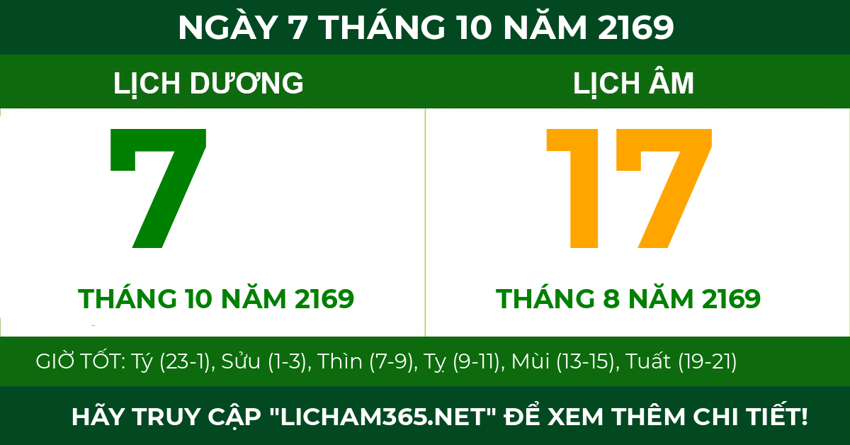 lịch âm ngày 7 tháng 10 năm 2169