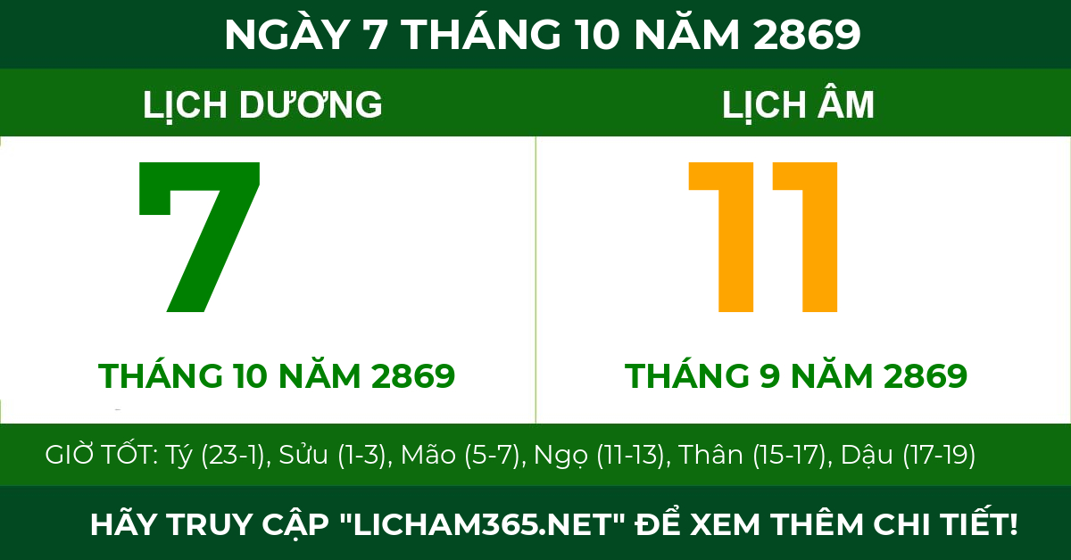 lịch âm ngày 7 tháng 10 năm 2869