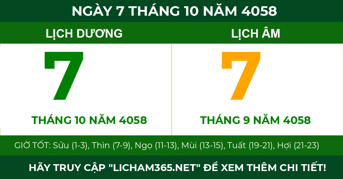 lịch âm ngày 7 tháng 10 năm 4058