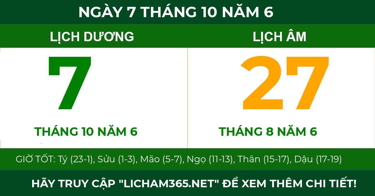 lịch âm ngày 7 tháng 10 năm 6