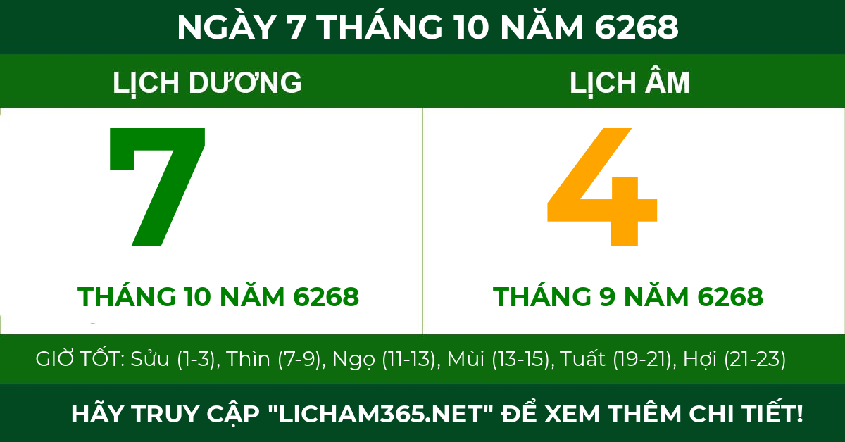 lịch âm ngày 7 tháng 10 năm 6268