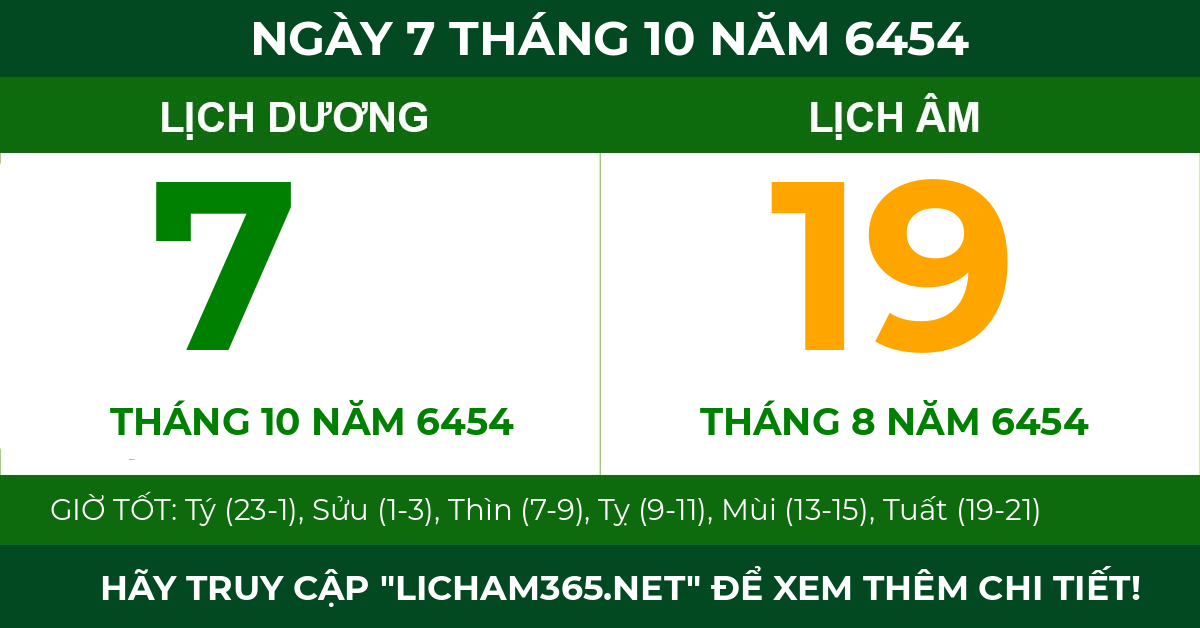lịch âm ngày 7 tháng 10 năm 6454
