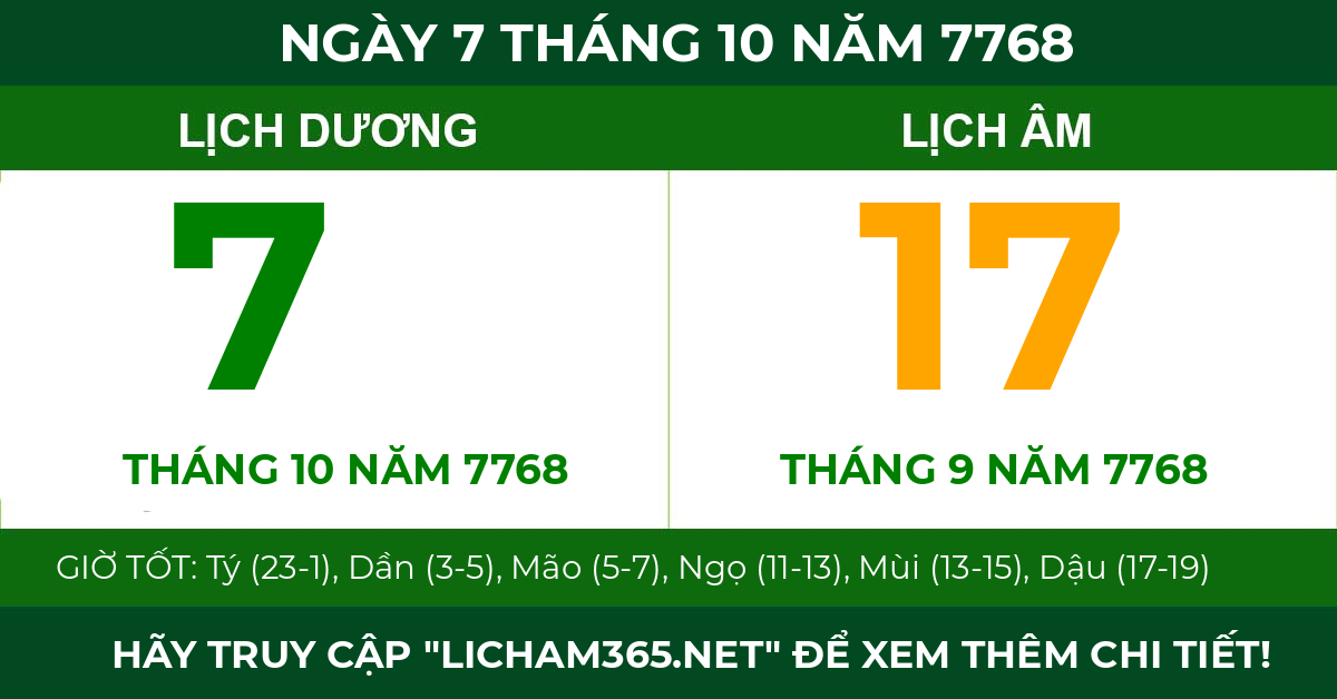 lịch âm ngày 7 tháng 10 năm 7768