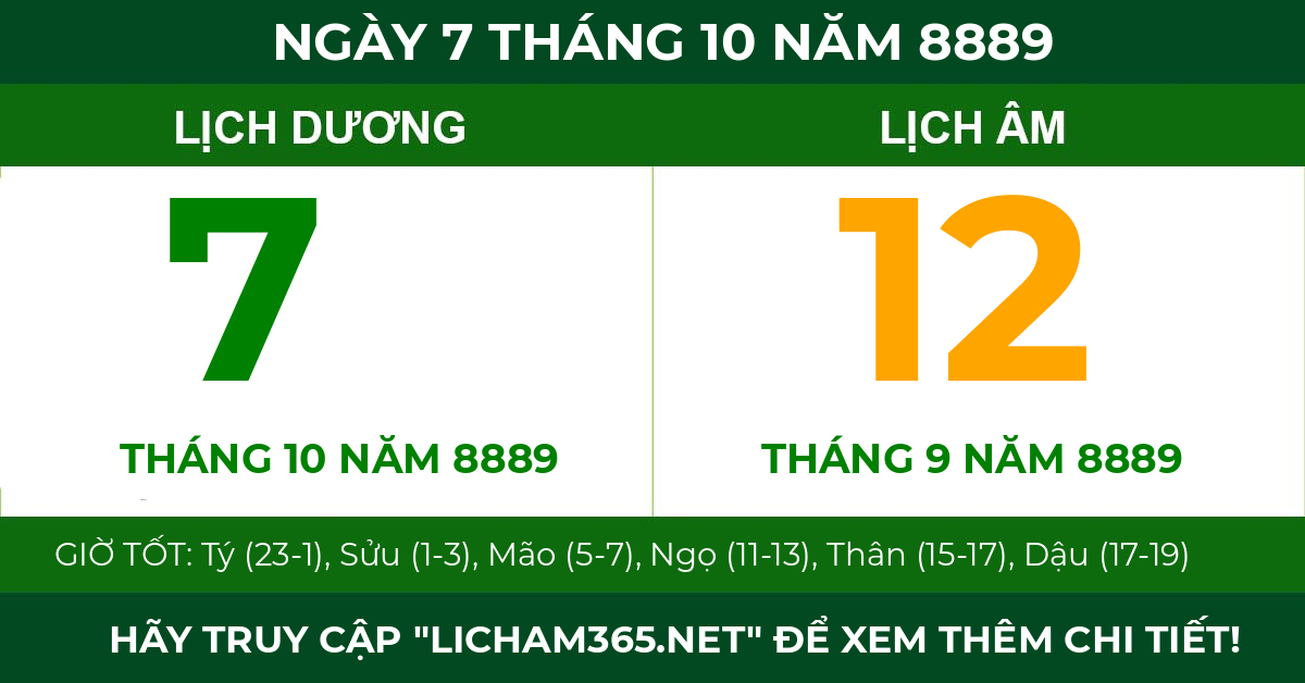 lịch âm ngày 7 tháng 10 năm 8889