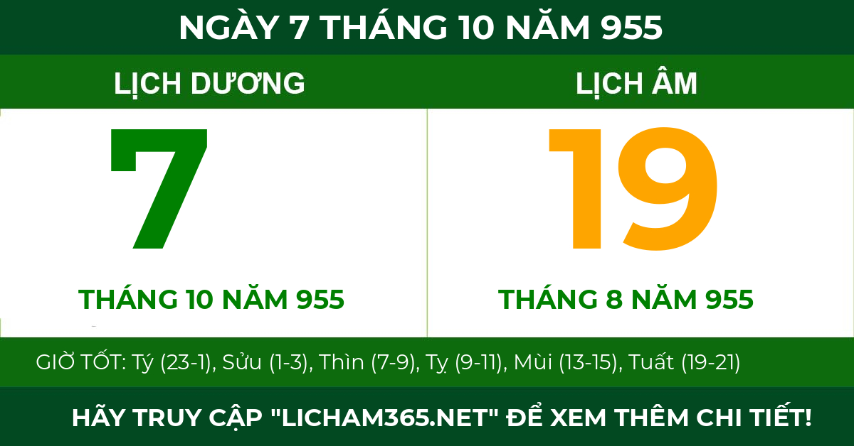 lịch âm ngày 7 tháng 10 năm 955