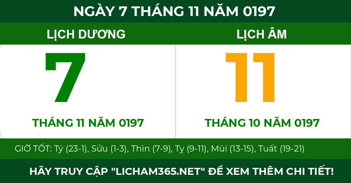 lịch âm ngày 7 tháng 11 năm 0197