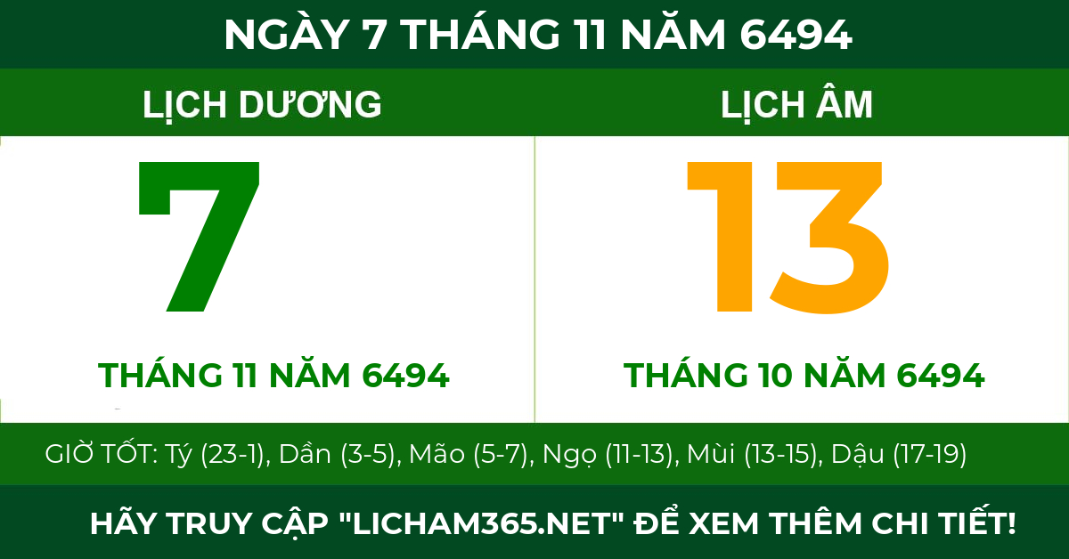 lịch âm ngày 7 tháng 11 năm 6494