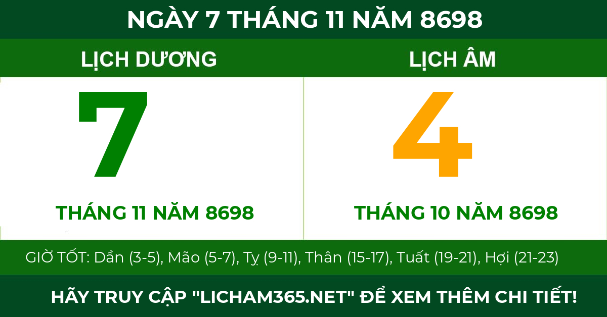 lịch âm ngày 7 tháng 11 năm 8698