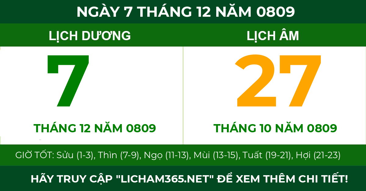 lịch âm ngày 7 tháng 12 năm 0809