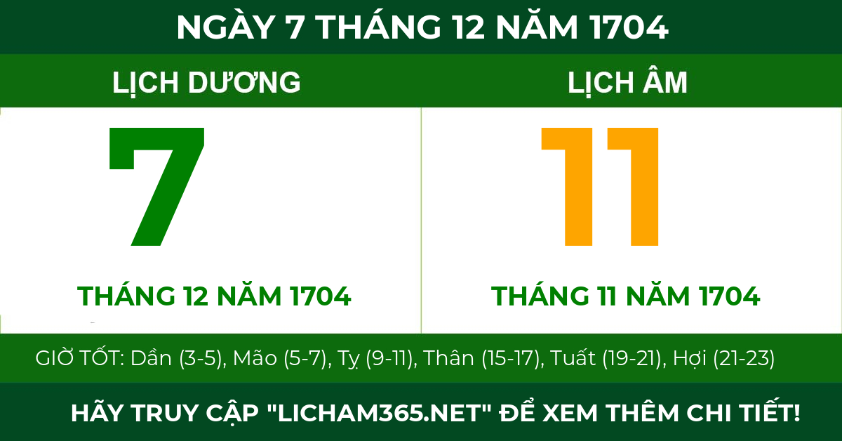 lịch âm ngày 7 tháng 12 năm 1704