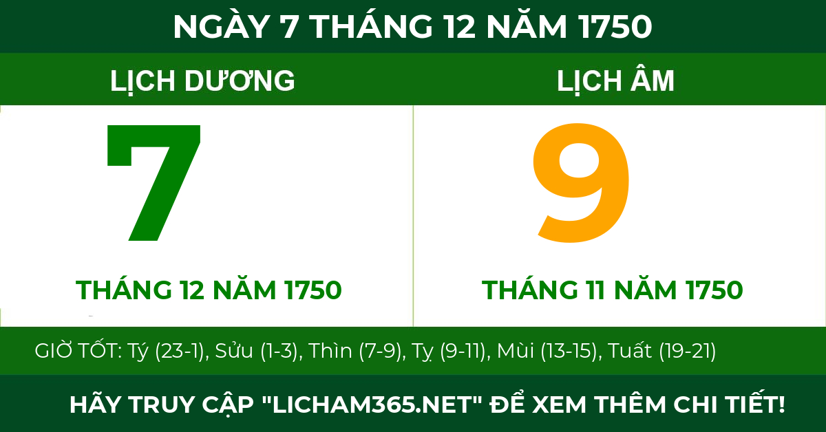 lịch âm ngày 7 tháng 12 năm 1750
