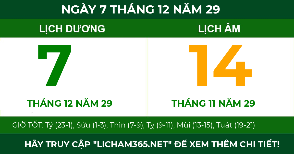 lịch âm ngày 7 tháng 12 năm 29