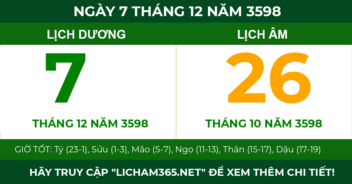 lịch âm ngày 7 tháng 12 năm 3598