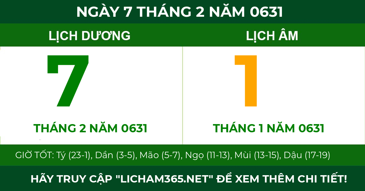 lịch âm ngày 7 tháng 2 năm 0631