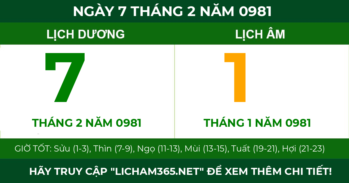 lịch âm ngày 7 tháng 2 năm 0981