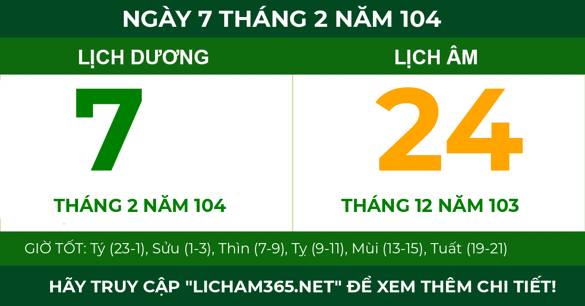 lịch âm ngày 7 tháng 2 năm 104