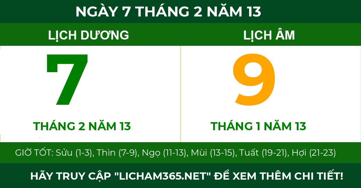 lịch âm ngày 7 tháng 2 năm 13