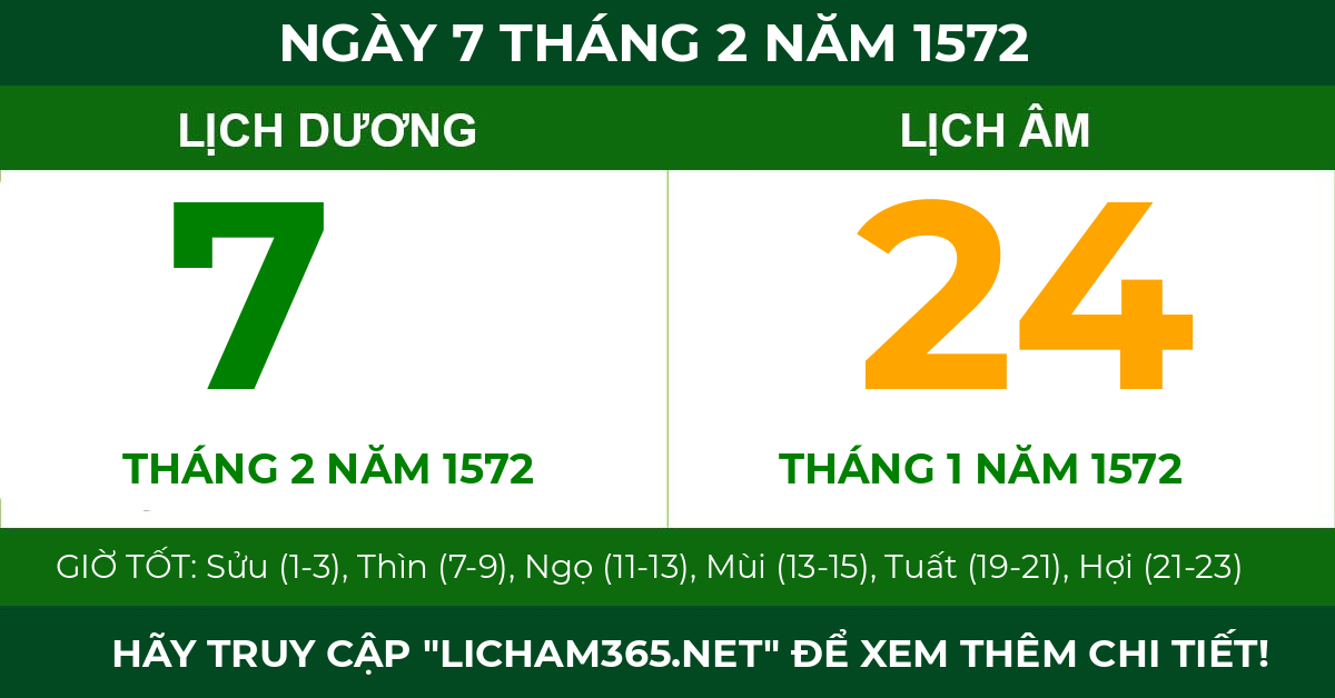 lịch âm ngày 7 tháng 2 năm 1572