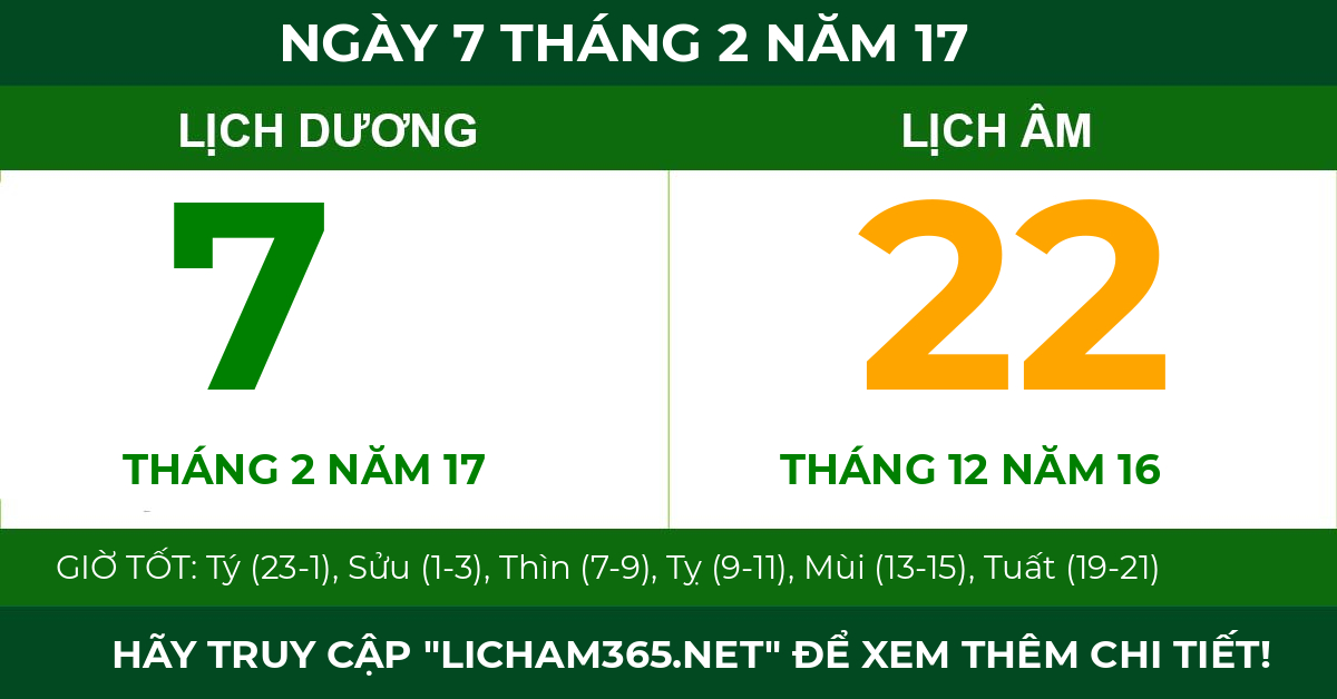 lịch âm ngày 7 tháng 2 năm 17