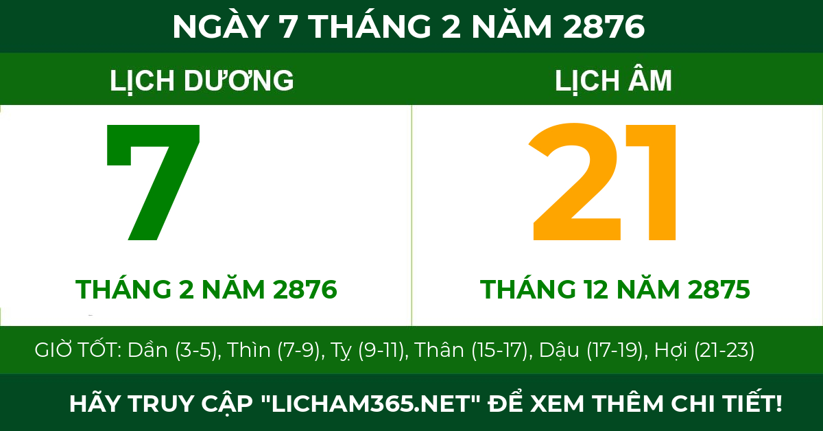 lịch âm ngày 7 tháng 2 năm 2876