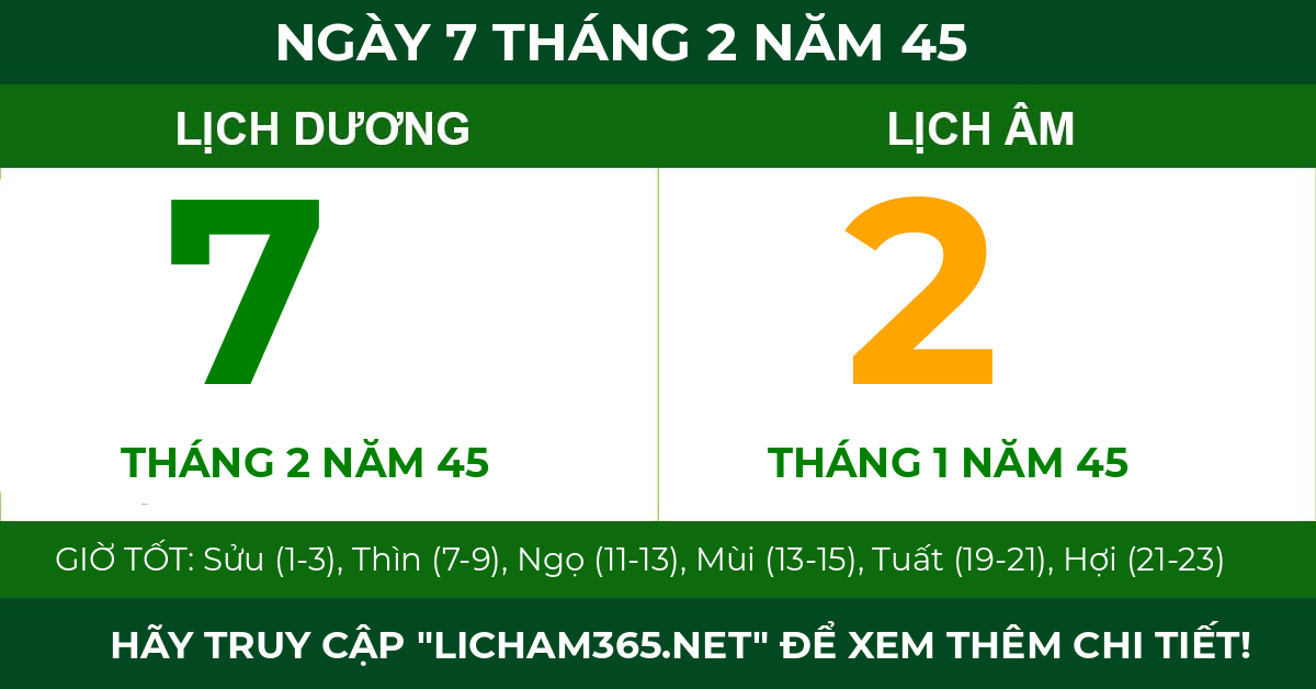 lịch âm ngày 7 tháng 2 năm 45