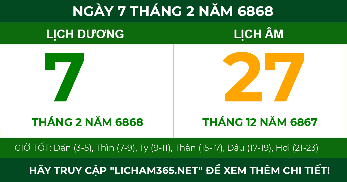 lịch âm ngày 7 tháng 2 năm 6868