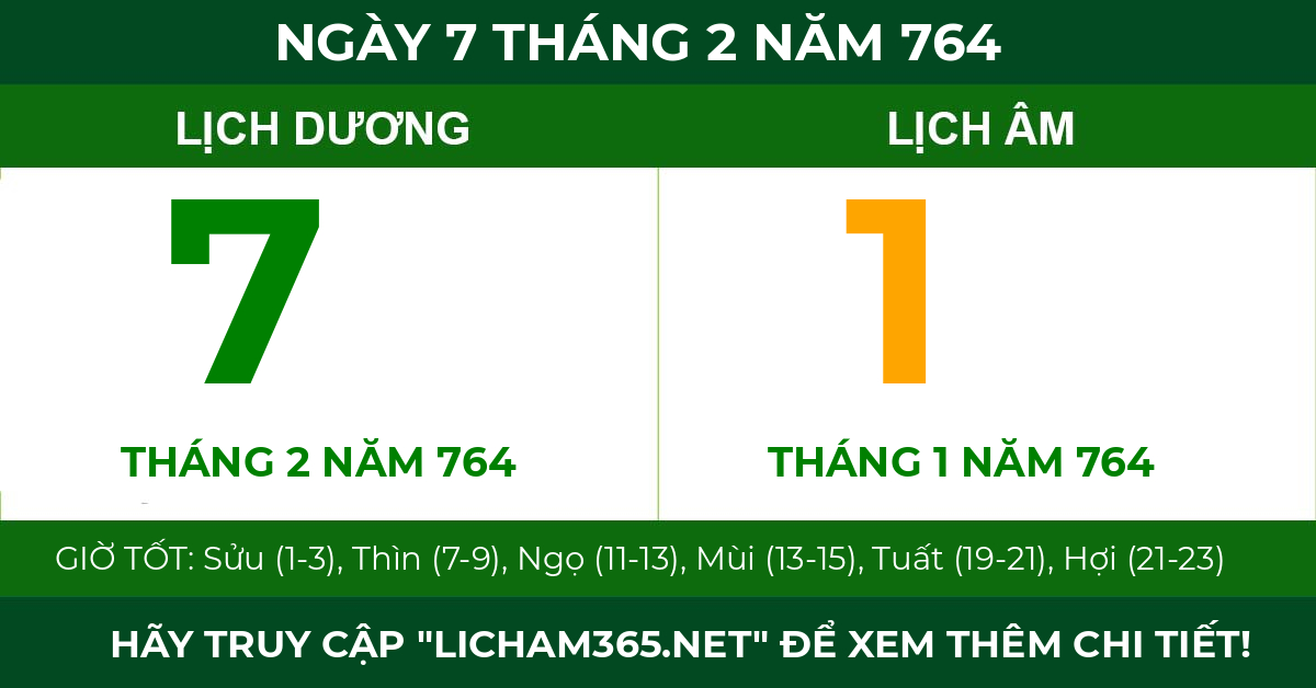 lịch âm ngày 7 tháng 2 năm 764