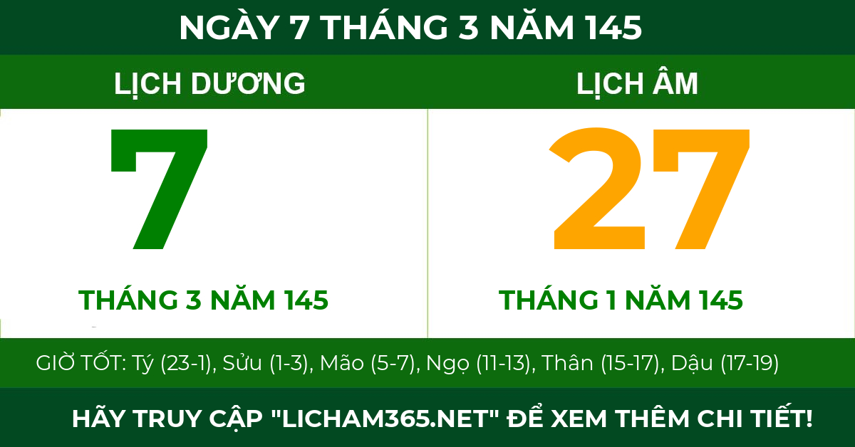 lịch âm ngày 7 tháng 3 năm 145