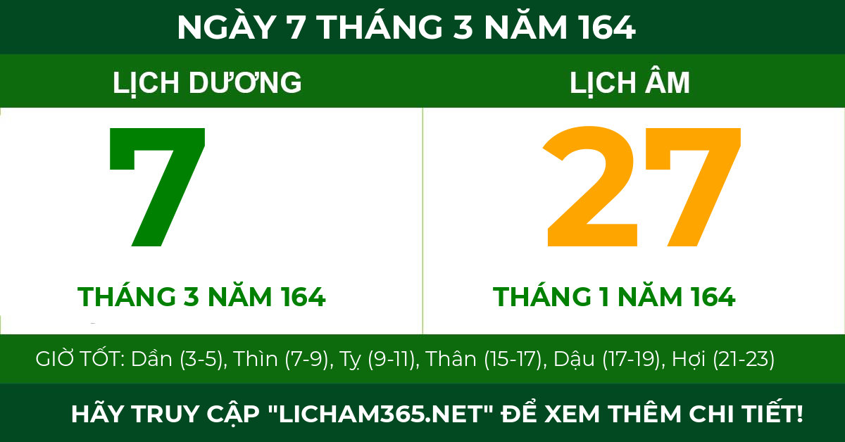lịch âm ngày 7 tháng 3 năm 164