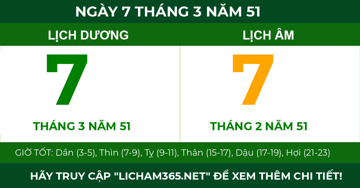 lịch âm ngày 7 tháng 3 năm 51