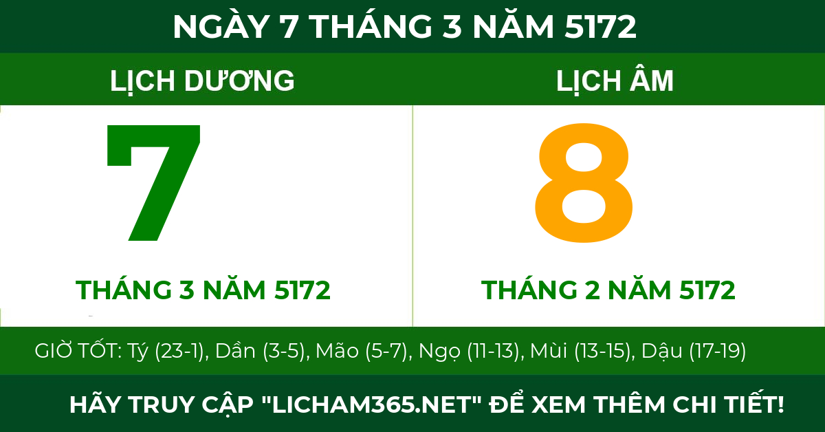 lịch âm ngày 7 tháng 3 năm 5172