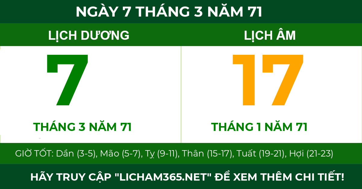 lịch âm ngày 7 tháng 3 năm 71