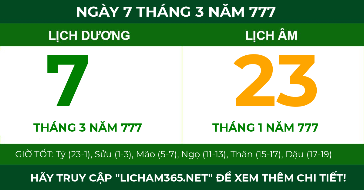 lịch âm ngày 7 tháng 3 năm 777
