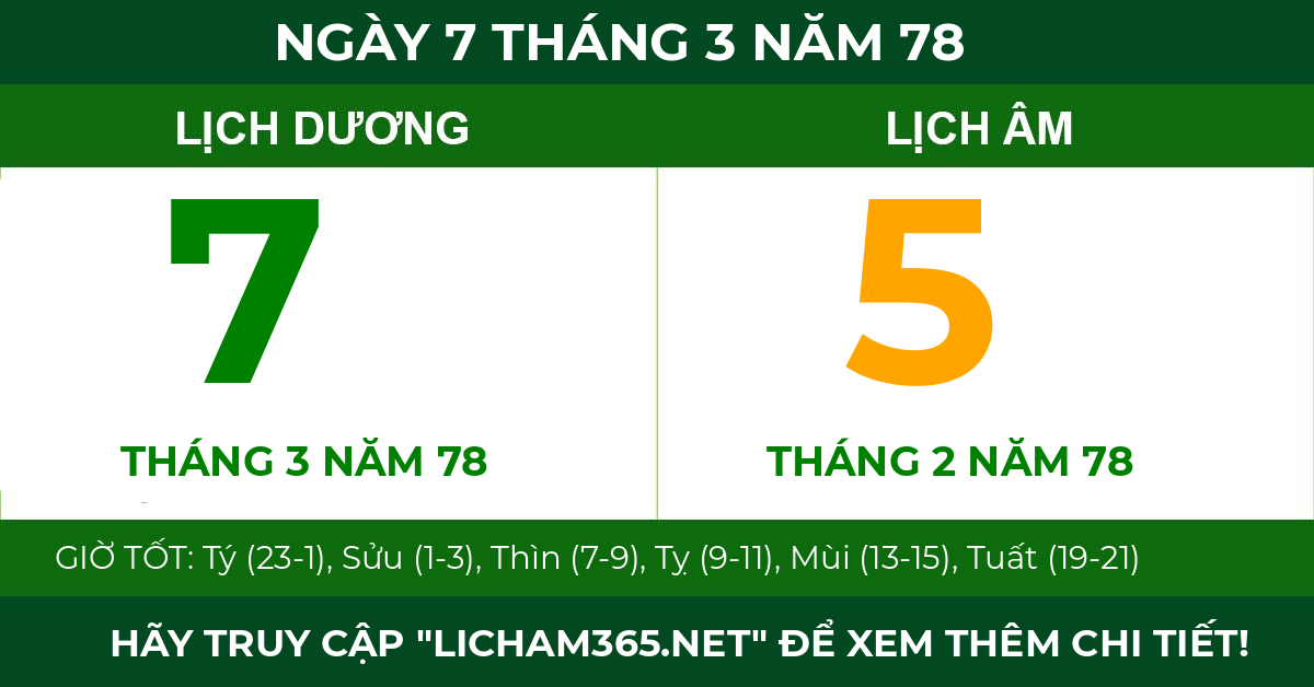 lịch âm ngày 7 tháng 3 năm 78