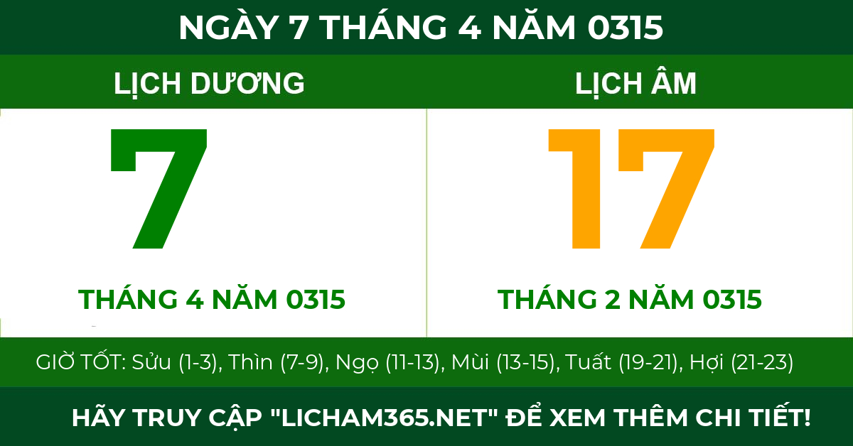 lịch âm ngày 7 tháng 4 năm 0315