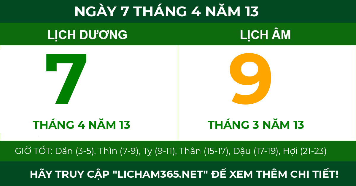 lịch âm ngày 7 tháng 4 năm 13
