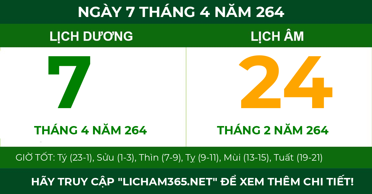 lịch âm ngày 7 tháng 4 năm 264