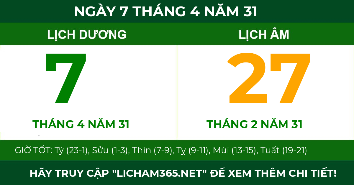 lịch âm ngày 7 tháng 4 năm 31