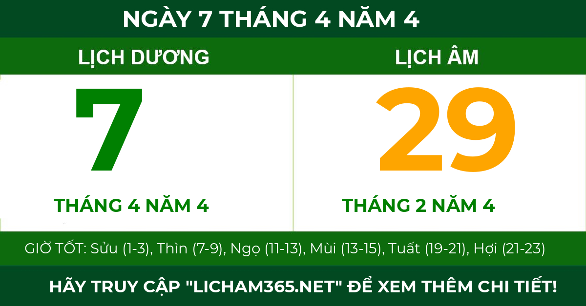 lịch âm ngày 7 tháng 4 năm 4